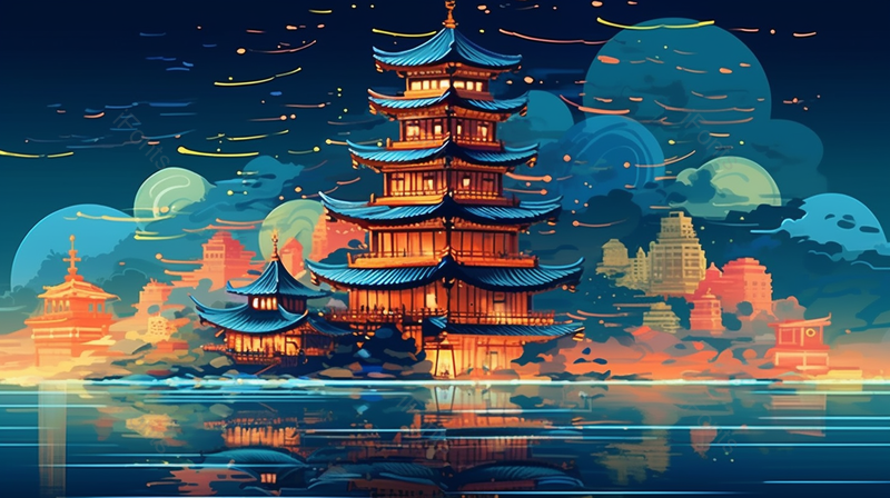 波涛荡漾湖面中国风古代建筑楼阁背景,插画/手绘图,插画/手绘图库,插画/手绘图下载,插画/手绘